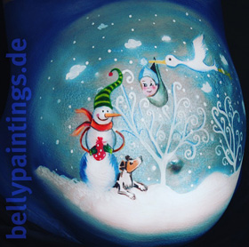 Bellypainting „Snowman and stork"